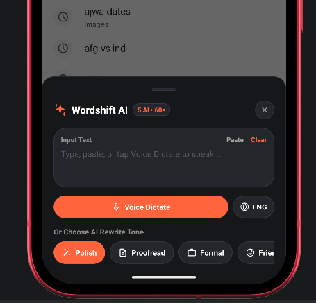 Wordshift AI app showing voice dictate and AI rewrite tones